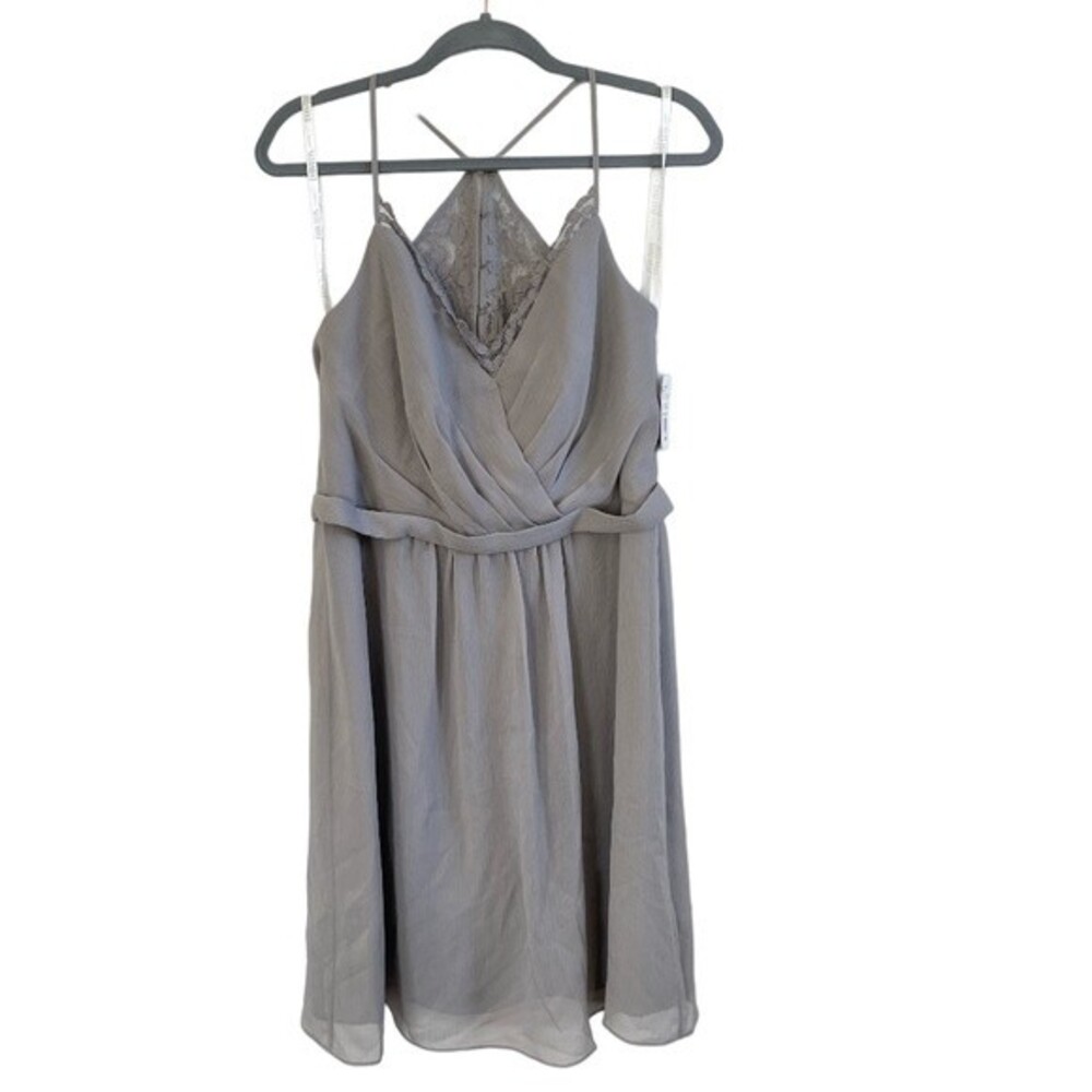 NWT DAVID'S BRIDAL Grey‎ Skinny Strap Chiffon Dress with Lace Back Size 10
